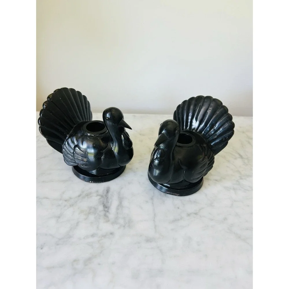 2 POTTERY BARN HEAVY BRONZE FIGURAL TURKEY TAPER CNDLE HOLDERS